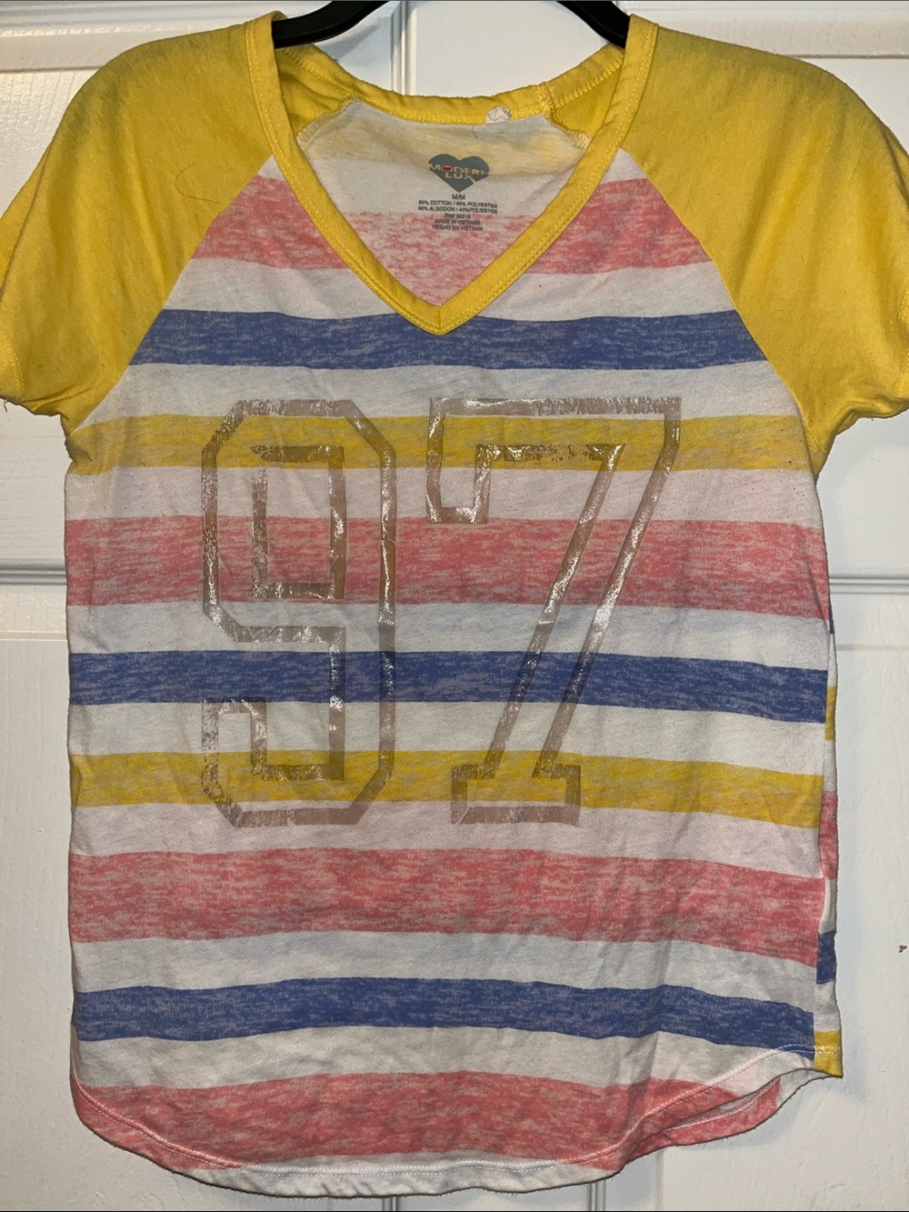 Modern Lux Yellow Sleeve Striped V-Neck Tee with Gold '97'